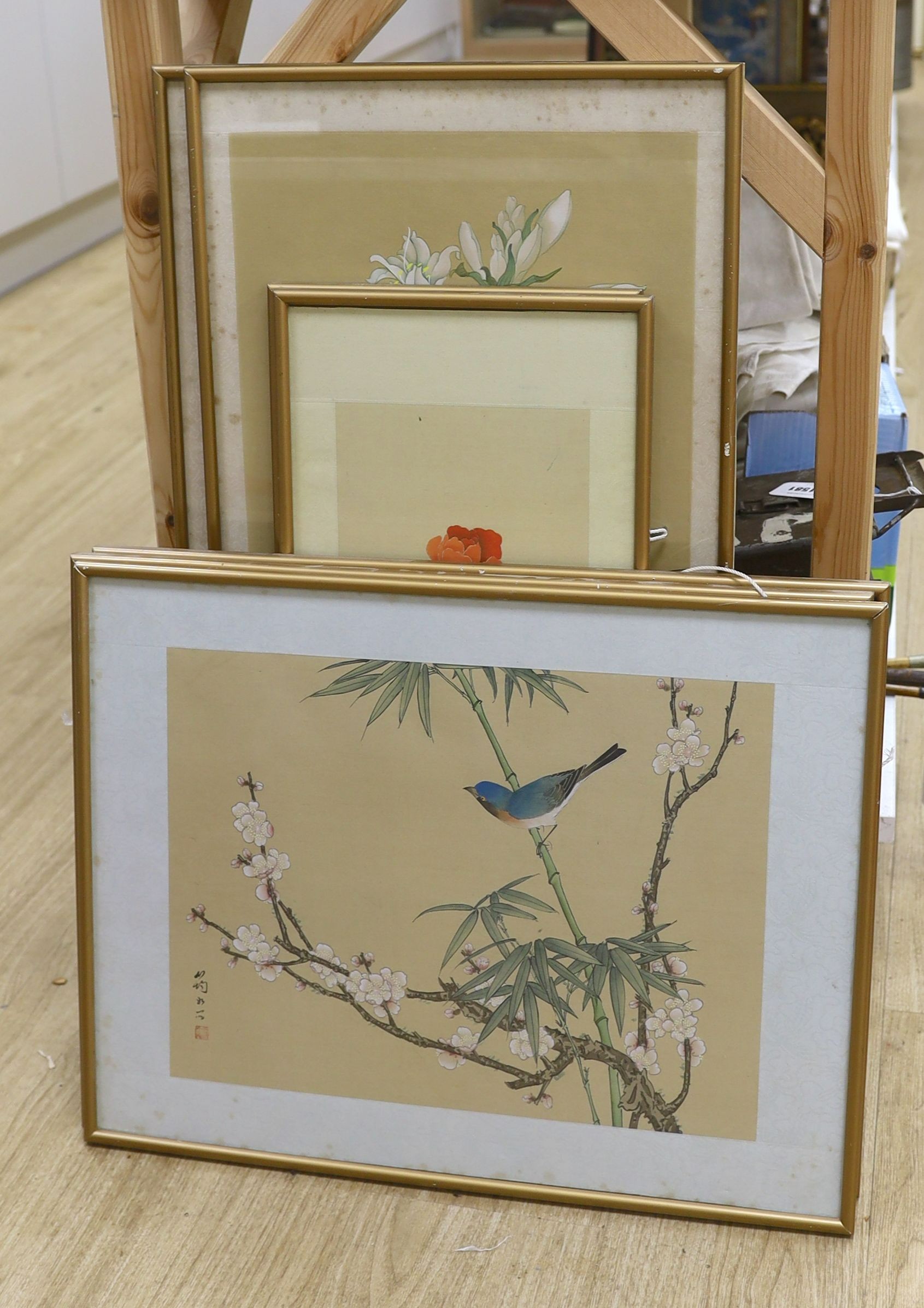 Chinese School, six watercolour and gouache on silk, Studies of birds and flowers, largest 68 x 33cm